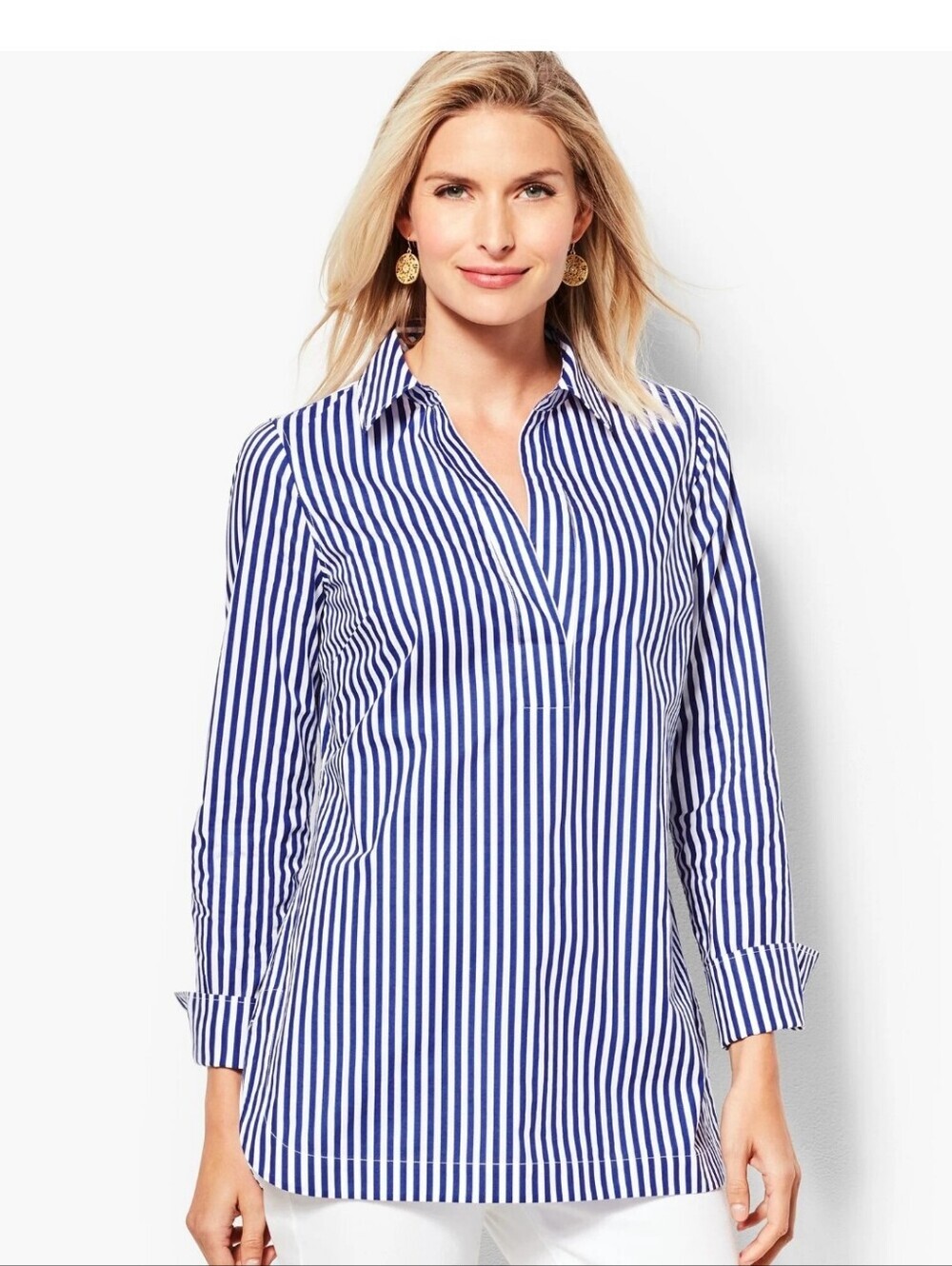 Talbots Blue & White Striped Cotton Poplin Tunic Blouse - Size M